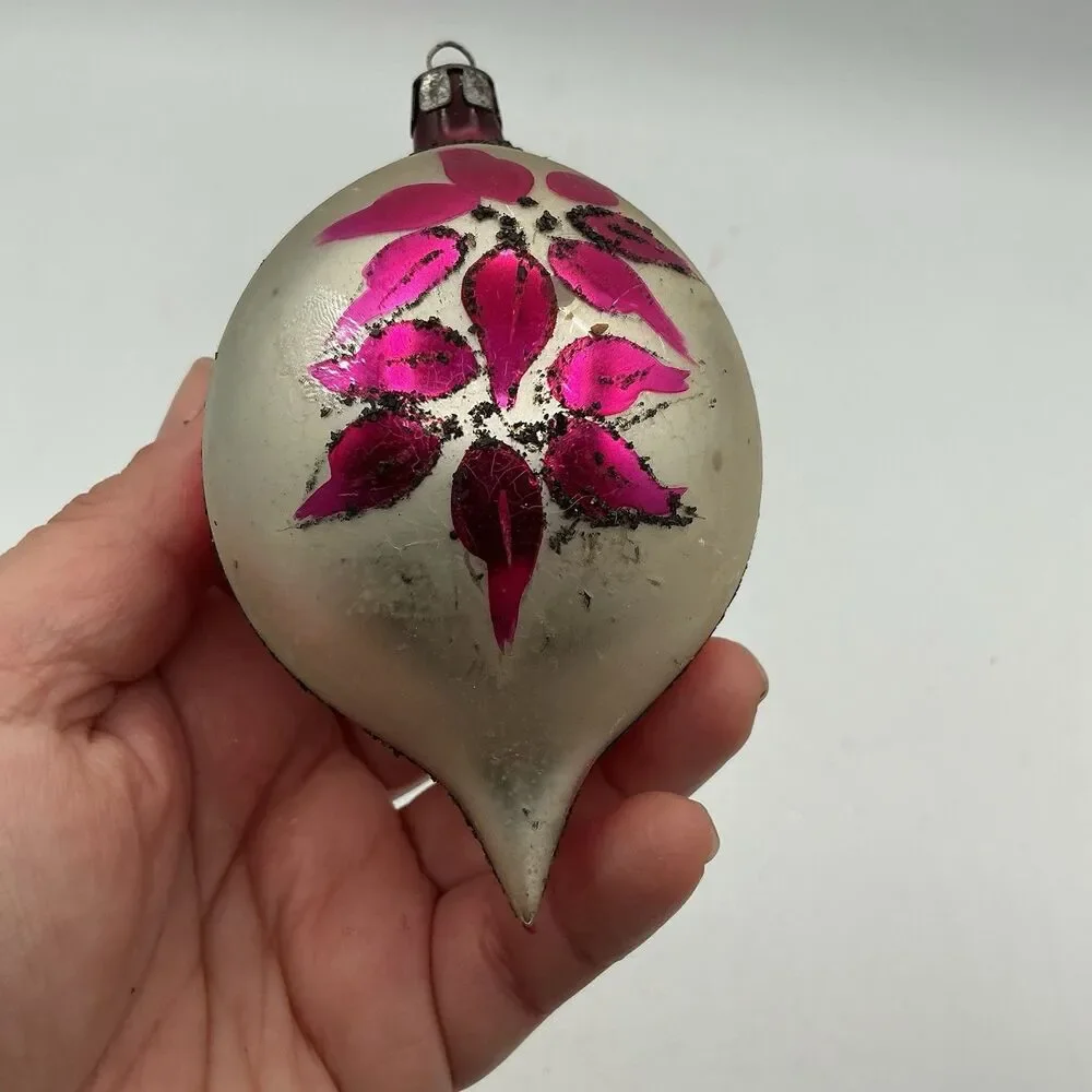 Vintage Mercury Glass Indent Christmas Ornament Pink Floral Teardrop 4.5”